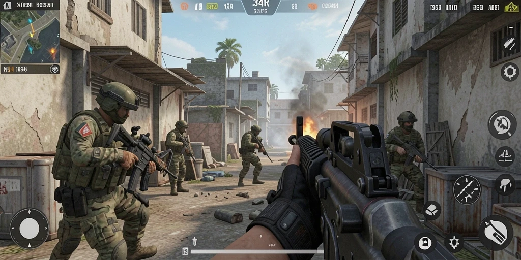 Screenshot dari gameplay intens 34R dalam mode FPS.