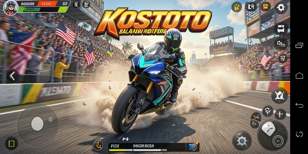 Screenshot KOSTOTO menunjukkan balapan motor yang seru dan menegangkan.