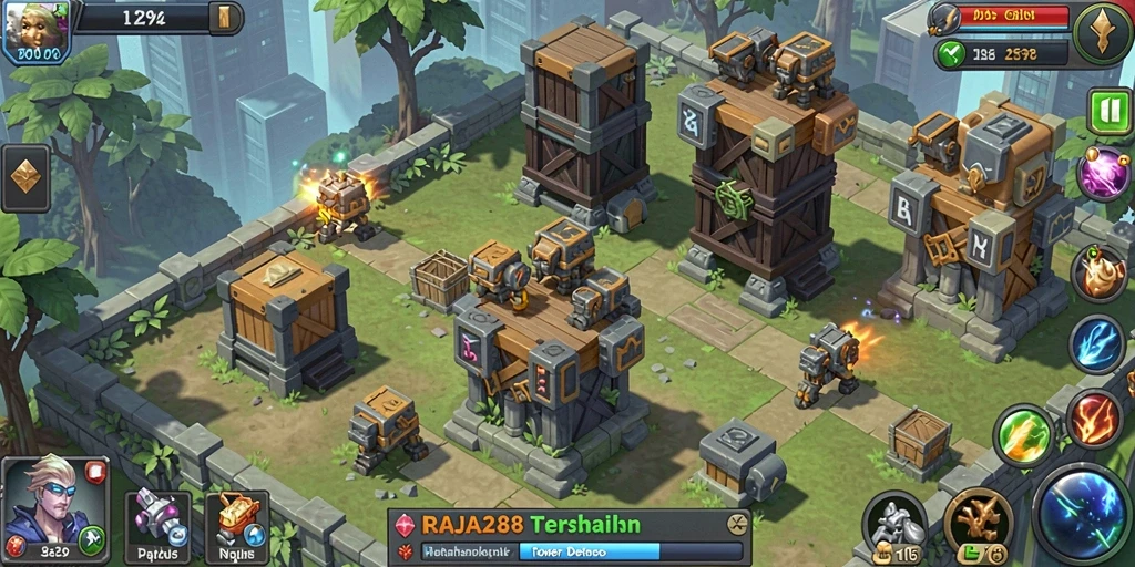 Tampilan gameplay seru dalam RAJA288 saat menyerang menara musuh.