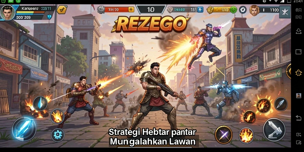 Tangkapan layar gameplay REZEGO yang menunjukkan strategi dan pertempuran seru.