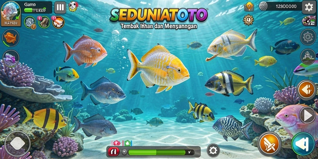 Screenshot gameplay SEDUNIATOTO menampilkan aksi seru menembak ikan.